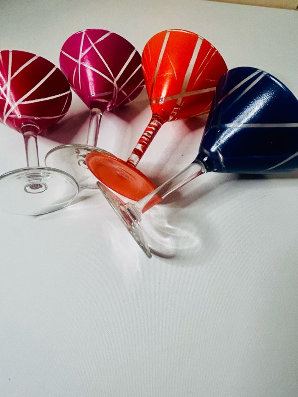 Handpainted Martini Glasses  Set of Four 4 Blue Orange Red Pink Home Decor